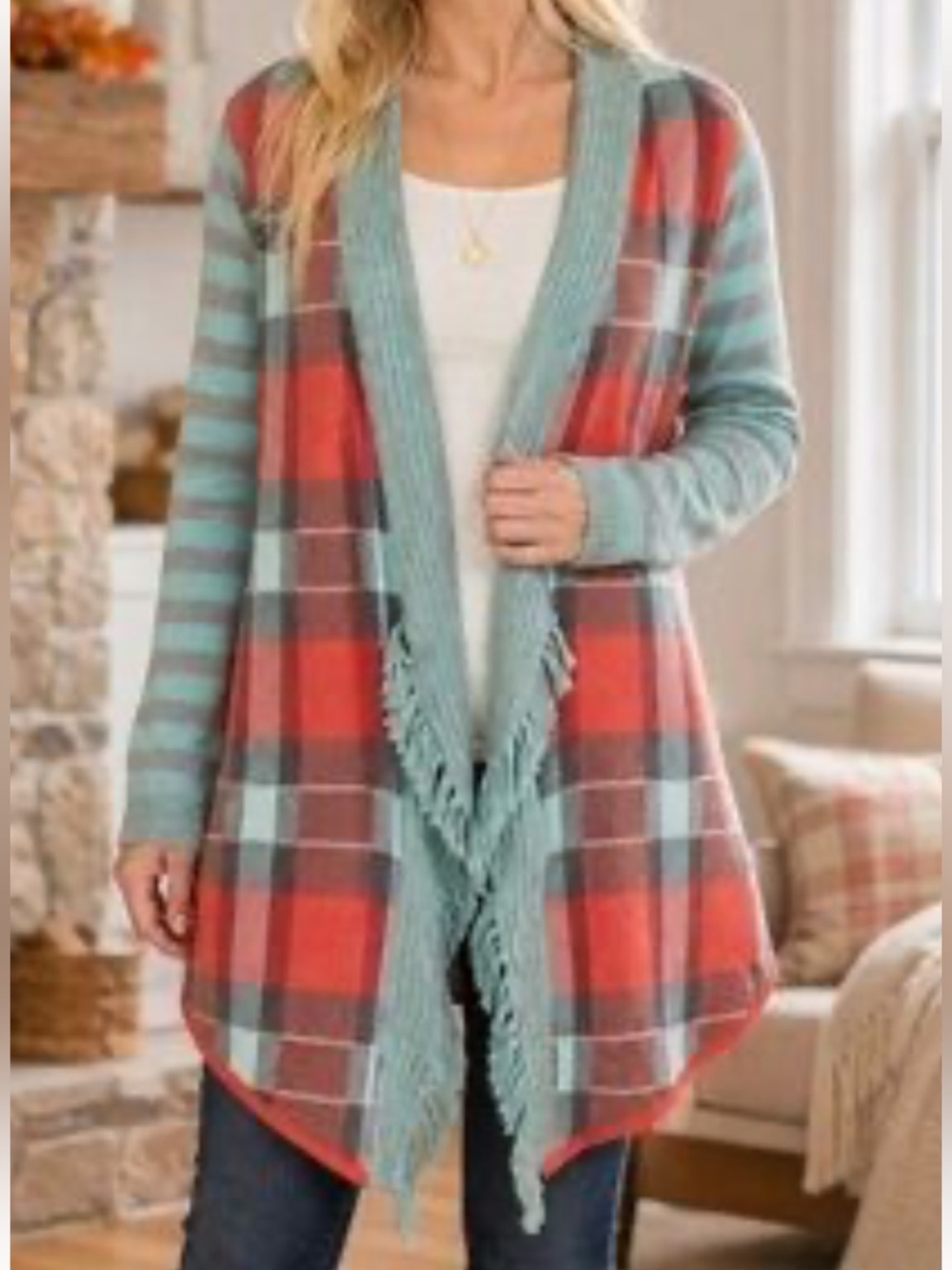 Matilda Jane Red &Teal Plaid Fringe Knit Sweater “ The Steadfast” Cardigan SZ XS